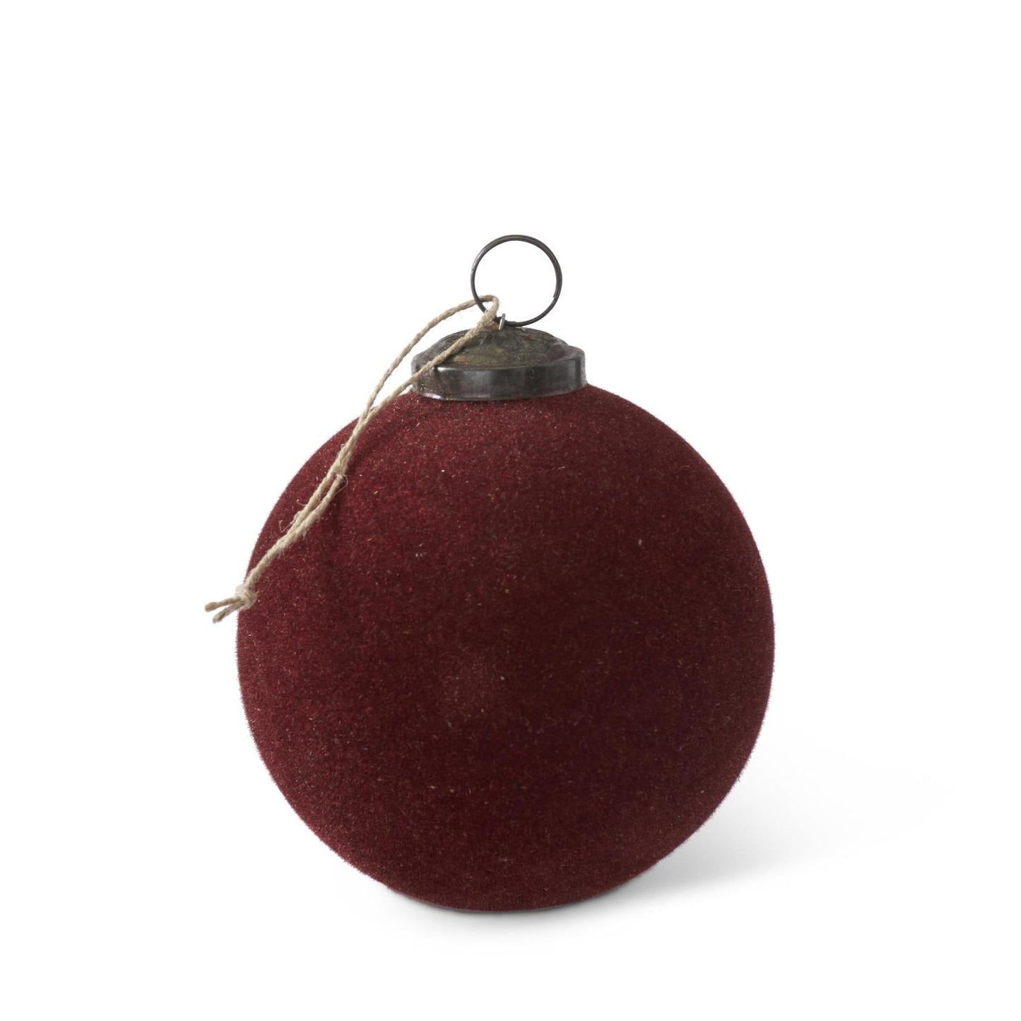 4.25 Inch Burgundy Flocked Glass Round Ornament