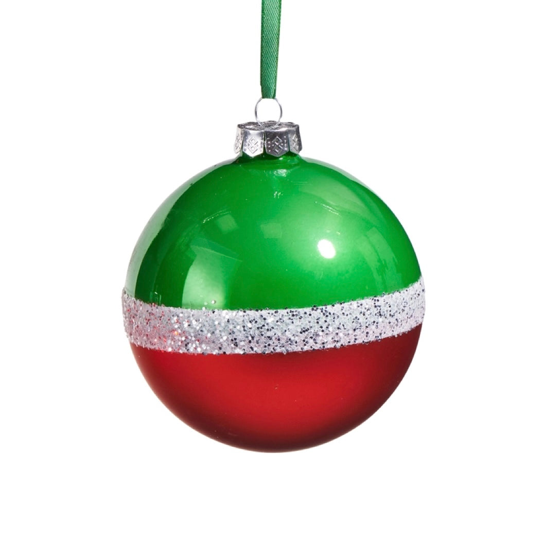 4 Inch Traditional Glittered Stripe Ball Ornament (Green)