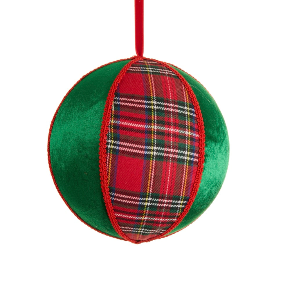 5 Inch Plaid and Velvet Ball Ornament (Green)