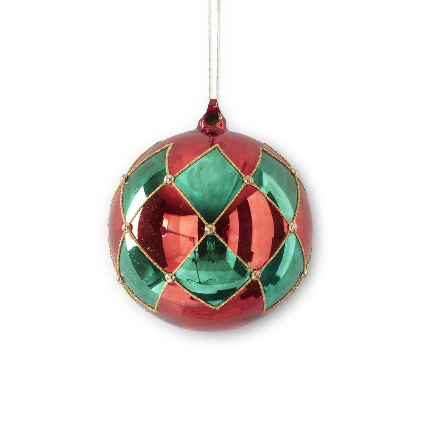 7 Inch Red & Green Harlequin Gold Glittered Round Glass Ornament