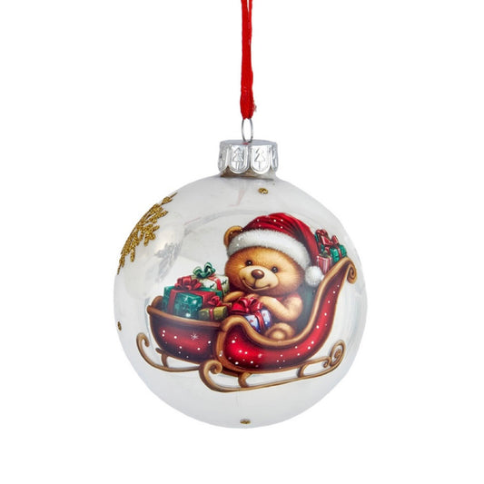 3 Inch Pearl White Decal Teddy Bear Round - Sleigh