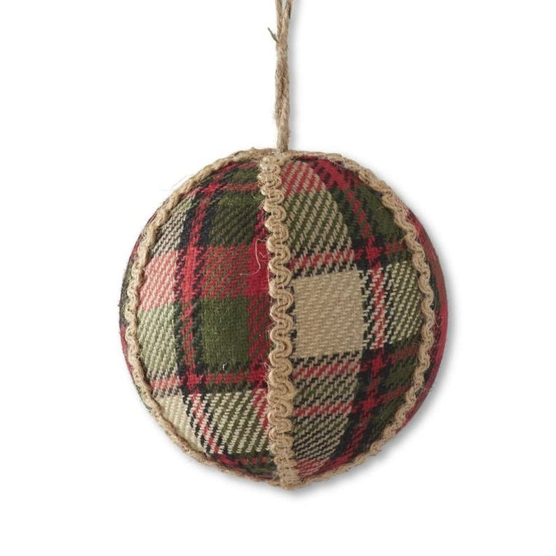 5 Inch Red Green & Black Plaid w/Jute Trim Round Ornament