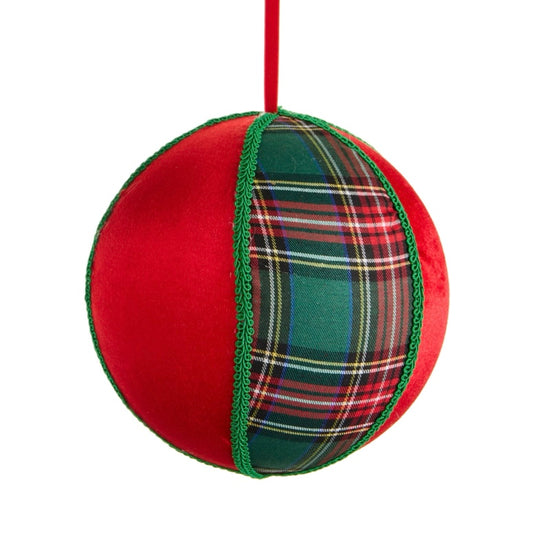 5 Inch Plaid and Velvet Ball Ornament (Red)