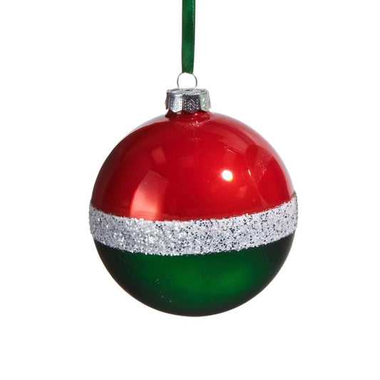 4 Inch Traditional Glittered Stripe Ball Ornament (Red)