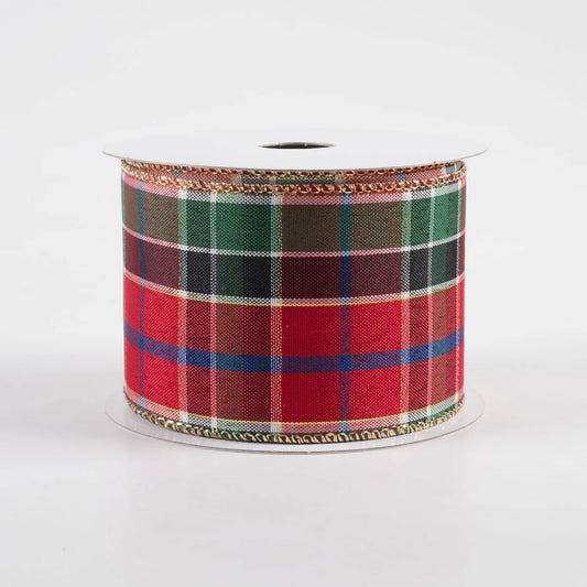 2.5 Inch Metallic Plaid Ribbon: Red, Blue, Green, Gold (10 Yards)