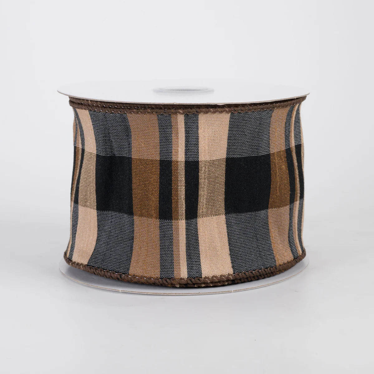 2.5 Inch Faux Dupioni Plaid Ribbon: Brown, Tan, Black (10 Yards)